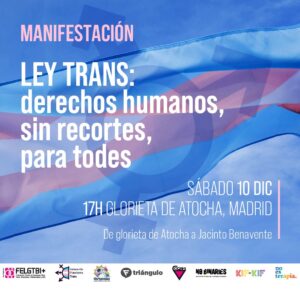 Las organizaciones LGTBI y Trans estatales convocan una manifestación el 10 de diciembre  para exigir una Ley Trans sin recortes