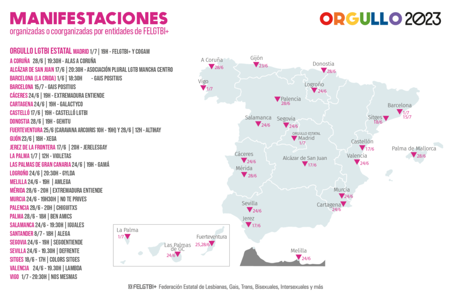Mapa Orgullos LGTBI+ autonómicos 2023 en España