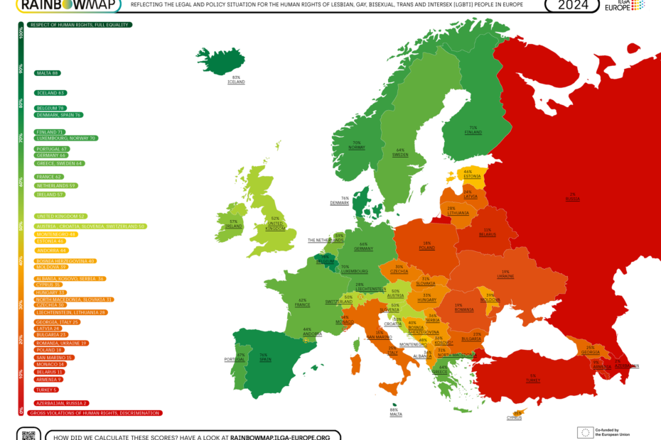 España mantiene la cuarta posición del ranking de derechos LGTBI+ de Europa según el Rainbow Map