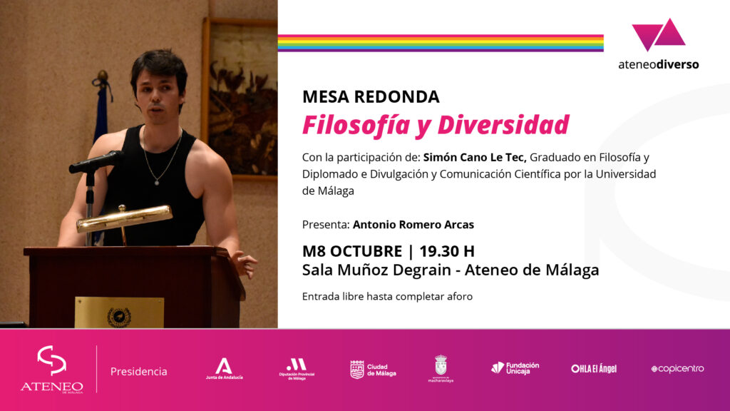 Cartel del evento filosofía y diversidad en Ateneo de Málaga con el filósofo Simón Cano Le Tiec.