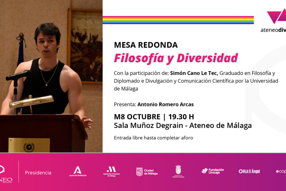 Cartel del evento filosofía y diversidad en Ateneo de Málaga con el filósofo Simón Cano Le Tiec.