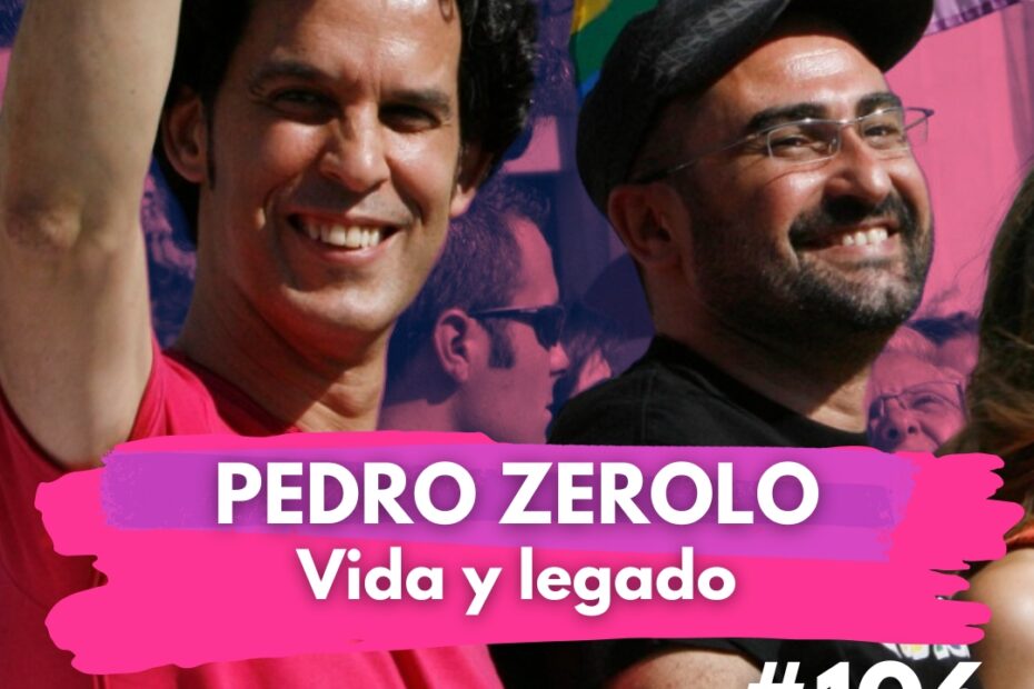 Carátula del podcast Somos de Colores con la entrevista a Miquel A. Fernández. En la imagen: Miquel con Pedro Zerolo en una manifestación por los derechos civiles, con una bandera LGTBIQ+ de fondo. Pedro Zerolo aparece con el puño en alto, símbolo de lucha por el matrimonio igualitario y la memoria democrática.